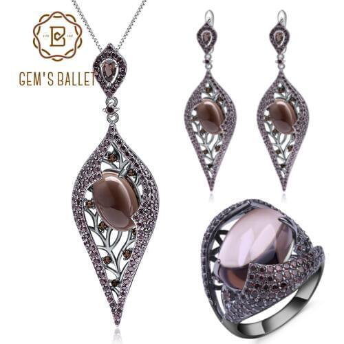 GEMS BALLET Natural Smoky Quartz Cocoa Jewelry Sets 925 Sterling Silver Earrings Ring Pendant Set For Women Luxury Jewelry