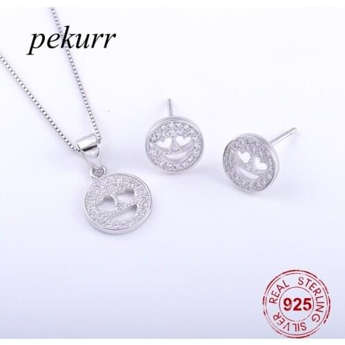 Pekurr 925 Sterling Silver Zircon Smile Face Earrings Necklace Sets For Women Hollow Heart Round Pendants Jewelry Set