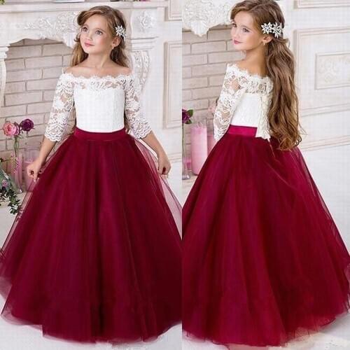 Vintage Kids Flower Girl Dresses For Weddings Scoop Pageant Gown Vestidos 3/4 Sleeve Wine Red Tulle Baptism Vestido Clothing