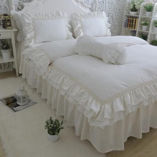 FAMIFUN Top Luxury Bedding Set Queen Size Embroidery Ruffle Lace Duvet Cover Creamy-White Bedspread Princess Bed Beige Pillowcas
