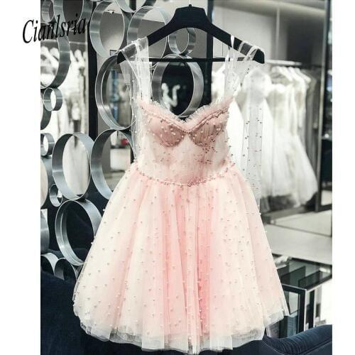 Pink 2020 Homecoming Dresses A-line Tulle Beaded Spaghetti Straps Crystals Embroidery Elegant Cocktail Dresses
