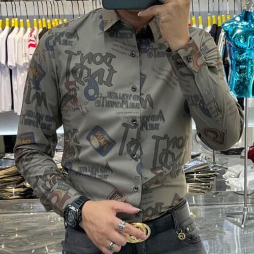 Casual Shirt Social Business Formal Dress Shirt Camiseta Masculina 5XL Big Size Autumn Luxury Geometric Letter Print Men Shirt