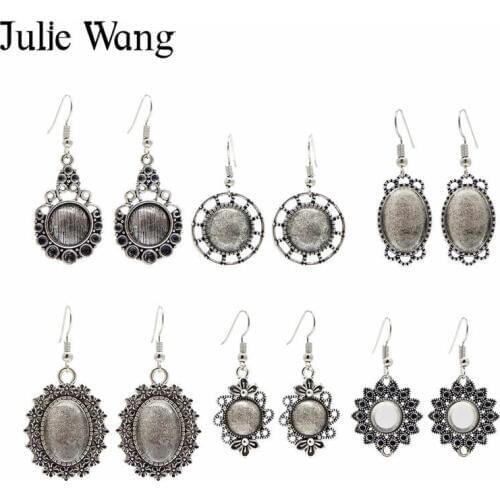 Julie Wang Cabochon Setting Drop Earring Hook Alloy Dangle Earrings Blank Tray With Clear Glass Cover Fashion Women Jewelry