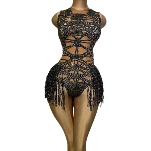 Crystal Tassel Nude Dancer Bodysuit Women Sleeveless Elastic Rhinestone Leotard Nightclub DS Dance Outfits