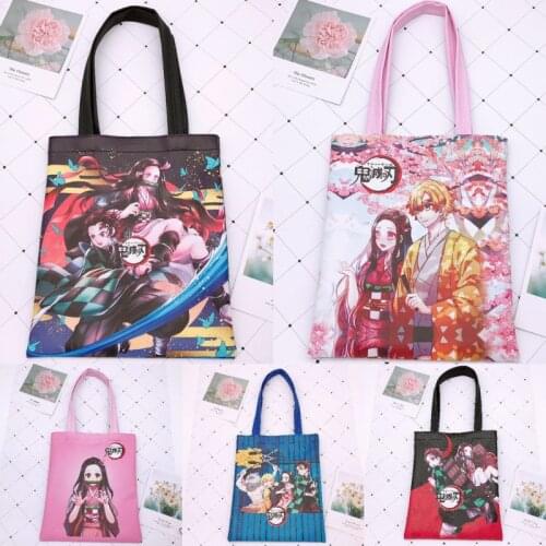 Cartoon Anime Devils Blade Tote Bag Demon Slayer Kimetsu No Yaiba PU Leather Waterproof Portable Shoulder Student Tutorial Bag