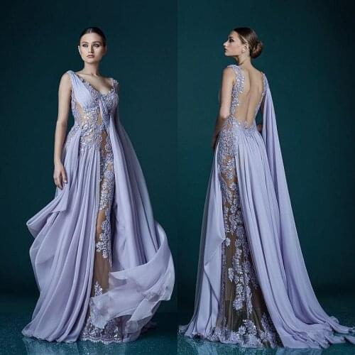 Deep V-neck Lavender Evening Dresses With Wrap Appliques Sheer Backless Celebrity Dress Evening Gowns 2017 Stunning Chiffon Long