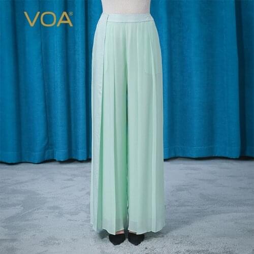 VOA Silk Georgette Green Jacquard Stitching Asymmetric Pocket Fold Micro-transparent Cool Double-layer Wide-leg Trousers KE510