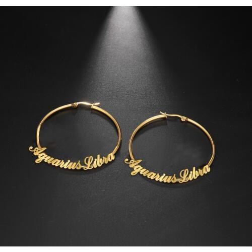 Sipuris 30-60 MM Custom Name Round Earring Stainless Steel Personalized Customize Name Hoop Earrings Jewelry for Women Girls