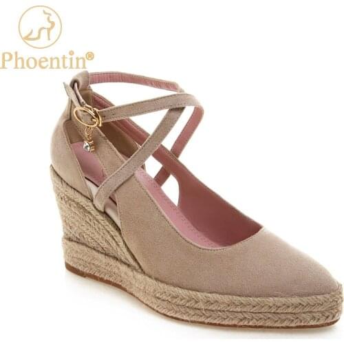 Phoentin beige color wedge platform pumps 2020 pointed toe cross tied buckle shoes high heels 8cm black shoes woman FT882