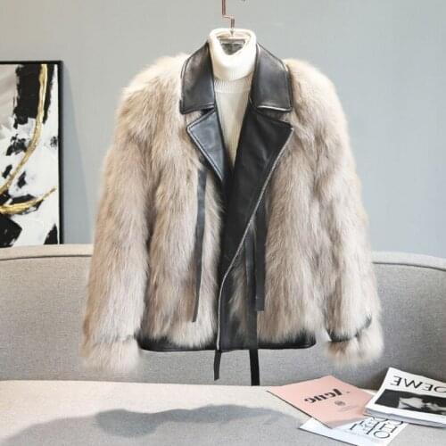 Women fox fur faux fur coat Ladies lapel stitching Fashion solid color fur jacket Ladies lapels faux leather fue coat 2020