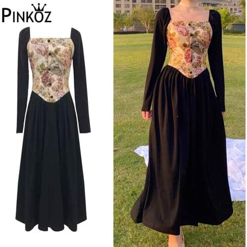 Pinkoz vintage women black midi dress patchwork painting single breasted high waist Victorian style Gothic girl dresses fashion