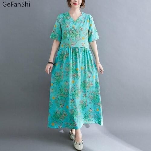 2021 Summer Women Dress Vintage Print V-Neck Cotton Linen Dress Casual Loose Short Sleeve Elegant Office Ladies Dresses Clothes