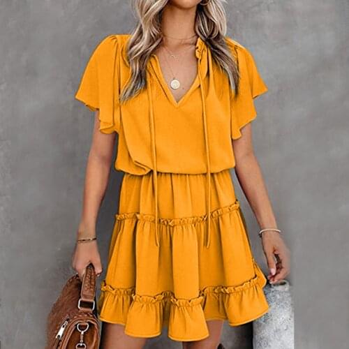 40# Boho Vintage Dresses Womens Ruffle Bandage Summer Sundress V-neck Short Sleeve Pleated Mini Dress Vestidos Longos De Verao