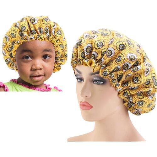 2PCS/SET Stain Silky Big Bonnet for Parent Kids African Print Ankara Bonnet Women Children Sleep Cap Headwrap Hat Hair Wrap