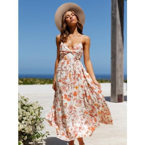 2021 Summer New Womens Bohemian Sexy Womens V-neck Print Drawstring Mid Length Skirt Loose Waist Beach Resort Sleeveless Dress