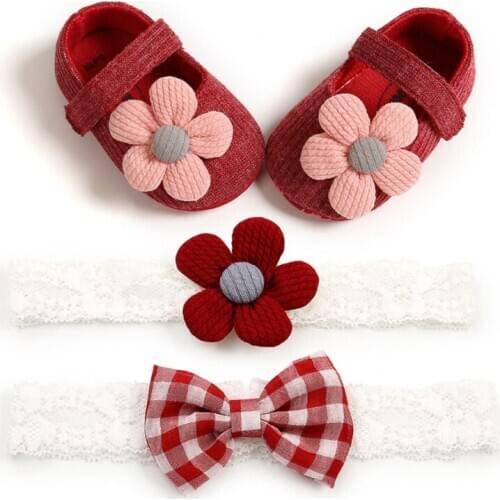 3PCS Cute Baby Girl Anti-Slip First Walkers Shoes Flower Sneaker Cotton Soft Soled Shoes 2 Headband Suit Infant Toddler Footwear