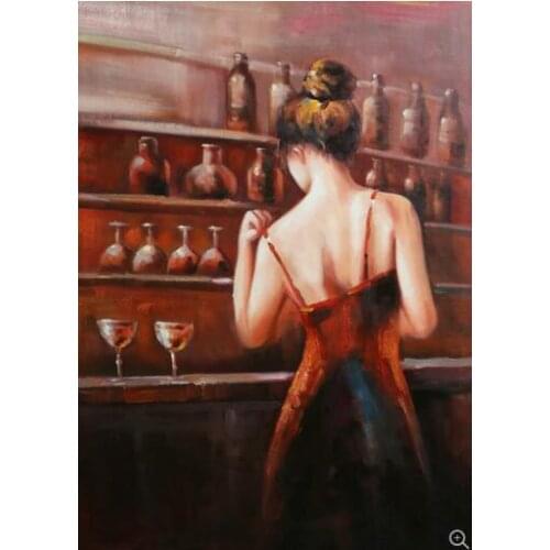 Free Shipping Art Young Sexy Lady in the Wine Bar Wall Painting Home Decoration Hand Painted Impression Character Oil Painings