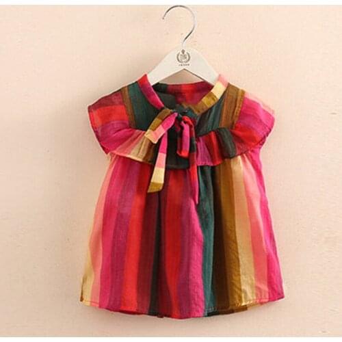 Colorful Rainbow Stripe Girls Blouse Ruffles Lace Sleeveless Kids Shirt for Girls Clothes Summer Toddler Girls Clothing 2-10Yrs