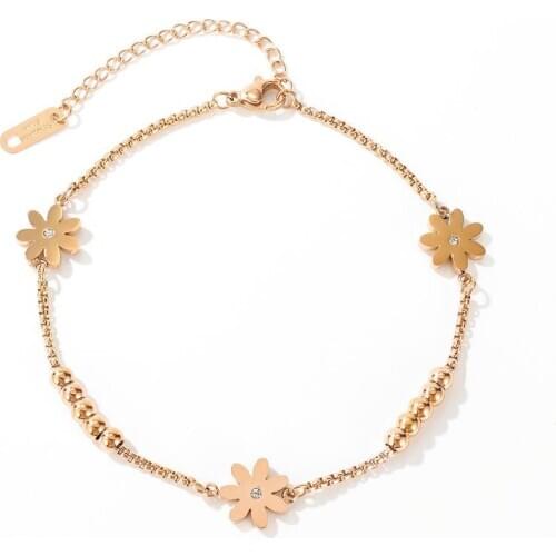 2020 rose gold daisy beads Zircon anklets for women rose gold stainless steel summer jewelry beach accessories foot leg bracelet