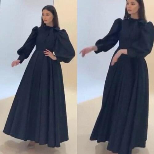 Black prom dresses 2020 long sleeve high neck a line satin evening dresses formal dress