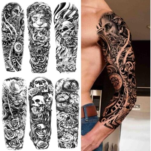 Black God Compass Temporary Tattoo For Men Women Big Size Lion Skull Flower Tattoos Sticker Black Fake Full Sleeve Tatoos Paper
