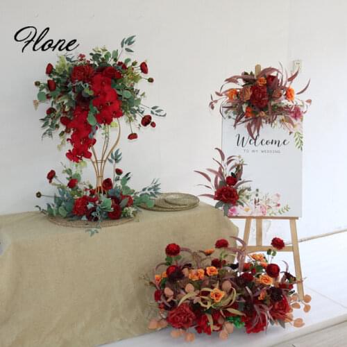 Flone Artificial Flowers Arrangement Wedding Centerpiece Table Runners Welcome Sign Red Blue Backdrop Floral Stage Decoration