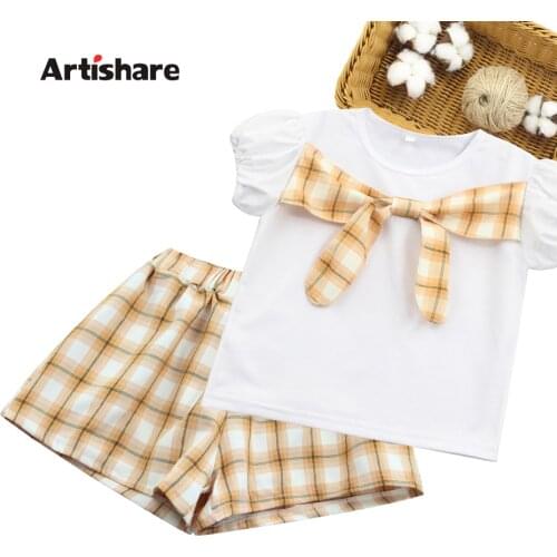 Kids Clothes Girls Plaid Skirt + Tshirt Clothes For Girls Big Bow Girl Summer Clothing Patchwork Childrens Clothing 6 8 10 12 14