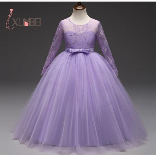 Floor Length Princess Long Sleeves Lace Flower Girl Dresses Purple Girls Pageant Dress First Communion Dresses Party Gown