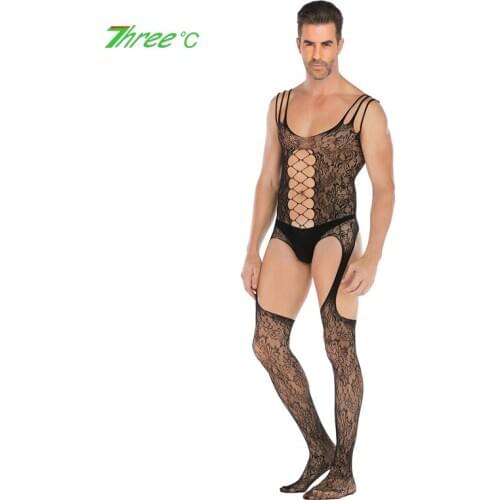 Mens Plus Size Sexy Underwear Bodystockings One-piece Fishnet Hollow Stocking Sex Mesh Clothing Teddies Jumpsuit Sexy Lingerie