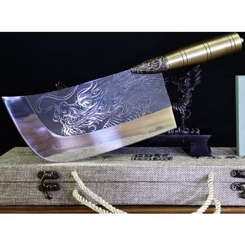 Longquan 8 Inch Chinese Knife 7Cr17 High Carbon Steel Machete Dragon Veins Slicing Cleaver Forged Kitchen Knives Copper Handle