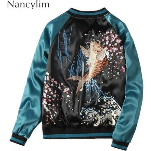 Yokohama Carp Embroidery Jackets Men / Women Spring Autumn Hit Color Loose Couple Baseball Coat Outwears Student