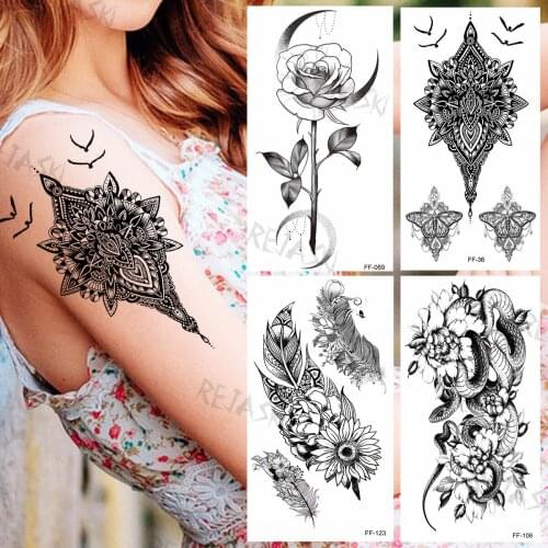 Mandala Tribal Temporary Tattoos For Women Girls Realistic Feather Rose Snake Flora Fake Tattoo Hot Sale Sticker Arm Tatoos DIY