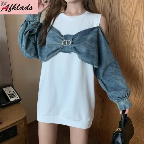 Fashion Loose Fake Two-Piece Strapless Bow Denim Stitching Oversized T-Shirt Long Sleeve Female Round Neck Plus Size Tops