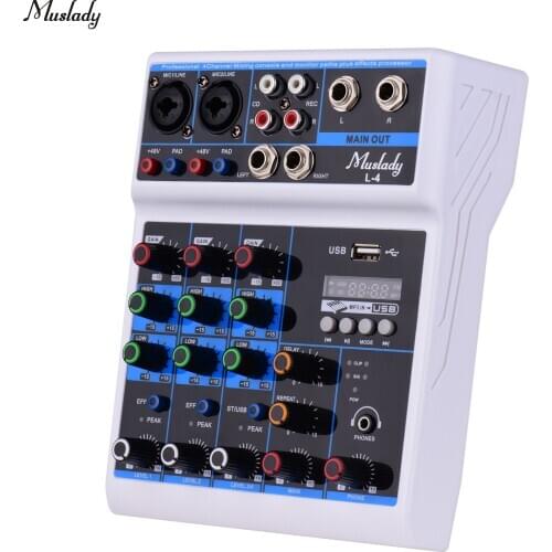 Muslady 4-Channel Audio Mixer Mixing Console LED Screen with Built-in Sound Card Support USB BT Input 3.5mm Headphone Monitoring