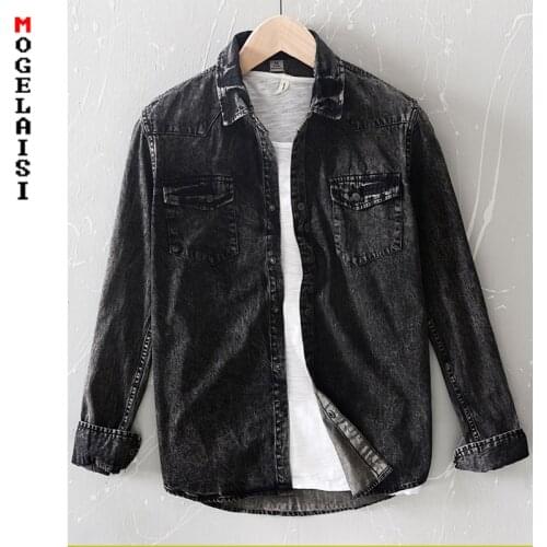 New spring Men casual Denim Shirt 100% cotton long sleeve black tops Retro high quality man clothing Asian size 3XL 5041
