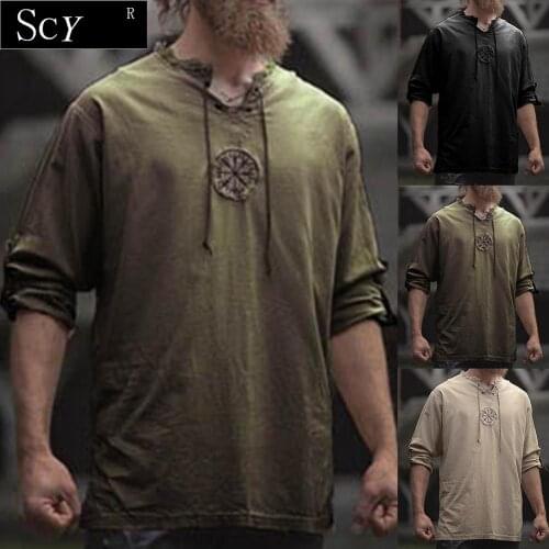 Men Plus Size Shirt Top Ancient Viking Embroidery Lace Up V Neck Long Sleeve Shirt Top For Mens Clothing