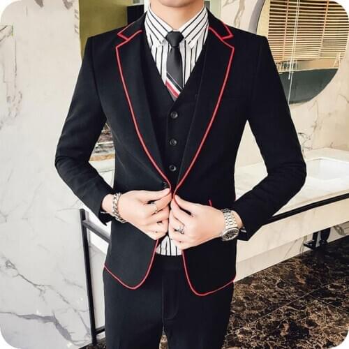 Black Men Wedding Suits Red Notched Lapel Casual Business Men Blazers 3Piece Costume Homme Groom Tuxedo Slim Fit Terno Masculino