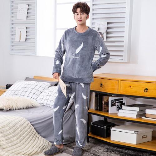 Mens Pajamas Sets Coral Velvet Autumn Winter Long Sleeve Thick Warm Flannel Tracksuit Coral Fleece Elasticated Waist