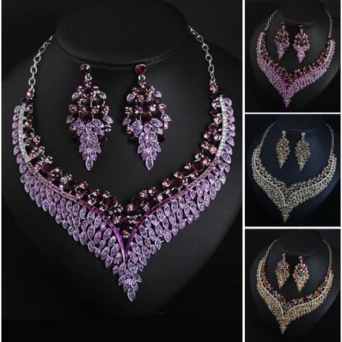 New Crystal Statement Necklace Earrings Set Fashion Women Rhinestone Choker Jewelry Sets Indian Bridal Wedding Costume Jewellery