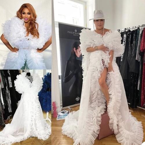 New Evening Dresses High Split Puffy Ladies Gowns Custom Made Extra Puffy See Through Women Dress Photography Robes Prom Gowns