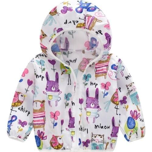Kids Unisex Sun Protection Clothing Coat With Hooded Zipper Cute Cartoon Print UV Protection Quick Dry Thin Jacket 2-7years