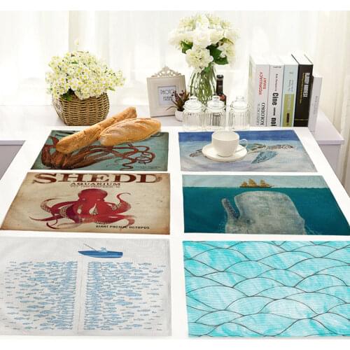 Deep Sea Theme Print Placemats Restaurant Banquet Cotton Linen Tableware Mat Coffee Coaster Heat Insulation Non-Slip 32*42cm