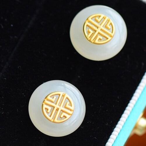 Vintage Dainty Stud Earrings Inlay Natural Hetian White Stone Unique Fashion Golden Jewelry For Women Wedding Anniversary Gifts