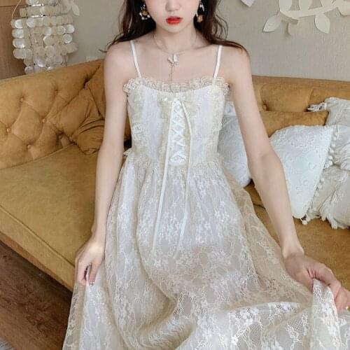 Japanese Kawaii Strap Fairy Dress Women Elegant Sweet Retro Lace Bandage Party Dress Female Gauze Pretty Chic Ball Gown 2021 New