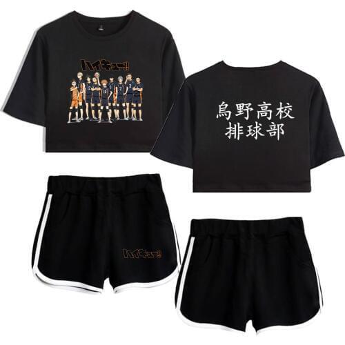 Japan Anime Haikyuu Karasuno High School Volleyball Club Womens Sets Summer Track Suit Women Two Piece Set Crop Top and Shorts