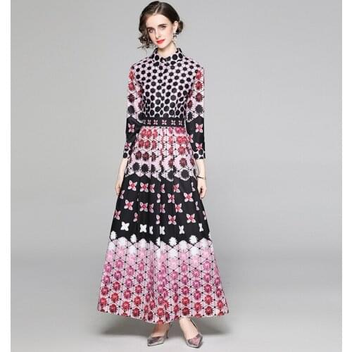2021 New Autumn Elegant Temperament Vestidos Womens Lapel Long Sleeves Contrast Color Wave Dot Printing Waist Long Dress DF399