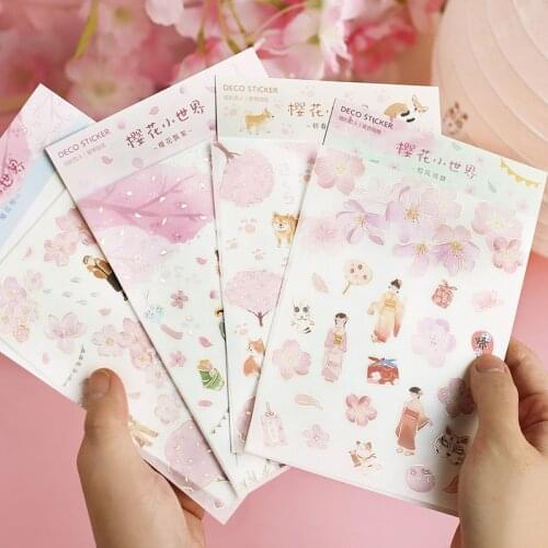 1 Sheet Pink Spring Sakura Animals Dog Decorative Bullet Diary Sticker Handbook Decoration