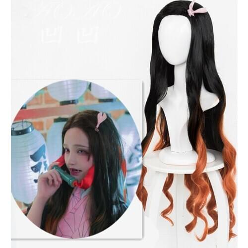 100cm/39" anime Demon Slayer: Kimetsu no Yaiba Kamado Nezuko cos hair long black with orange cosplay costume wigs + Wig Cap