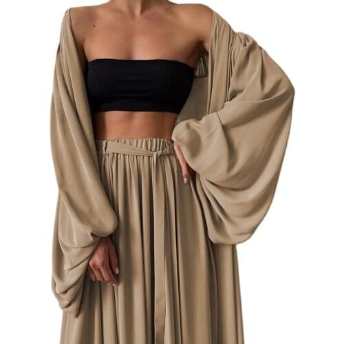 3pcs/Set Women Pant Suit Cardigan Tube Top Outfit Solid Color Long Sleeve Wide Leg Pants Three Pieces Set Tracksuit Party Suits