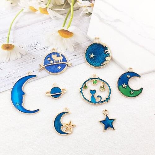 8pcs 8 Styles Blue Enamel Gold Plated Charms Moon Star Cat Cute Pendants for DIY Necklaces Bracelets Bangles Jewelry Making